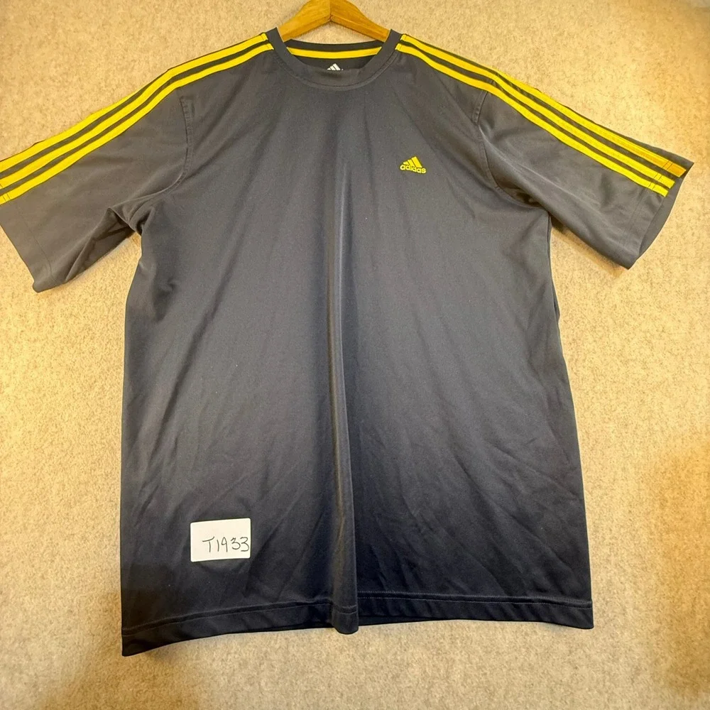 Adidas Climalite Mens Large Navy Blue Yellow 3 Stripe Performance T-Shirt T1933